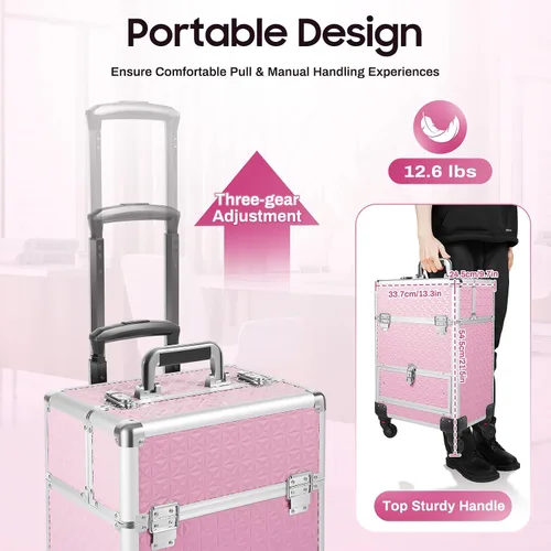 Vista 5 de Estuche de maquillaje con ruedas y mango telescópico, cajón con cerradura, estuche de maquillaje rodante, organizador de cosméticos, para estilista