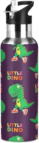 Vista 8 de Lindos tenis de dinosaurio de dibujos animados verdes de acero inoxidable con aislamiento al vacío, botella de agua de 32 onzas, botella de agua