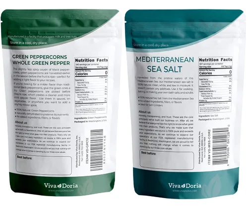 Vista 2 de Viva Doria Granos de pimienta verde, pimienta verde entera, esterilizado al vapor, 12 onzas y sal marina mediterránea, grano grueso, 2 libras