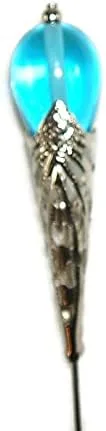 Vista 2 de AQUA BLUE Glass Filigree Cone Stick Hat Pin Long Hatpin Vintage Style Silver Plated