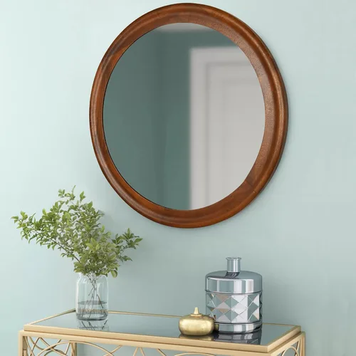 Vista 9 de Espejos redondos de 24 pulgadas, espejo de pared rústico decorativo de transición de nogal oscuro con grano de madera para baño, espejo de tocador