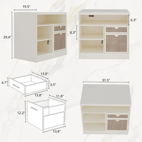 Vista 2 de ModernMate Archivador lateral de 2 cajones, archivador de madera para oficina en casa con cerradura, tira de alimentación y estantes