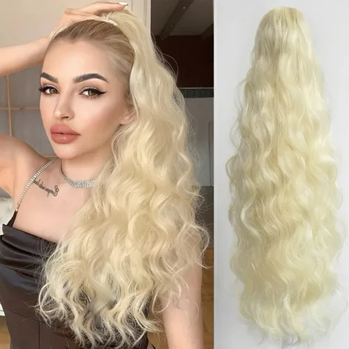 Vista 38 de Extensión de cola de caballo de garra negra natural ondulada de 16 pulgadas, extensiones de cabello sintético rizado con clip, extensiones