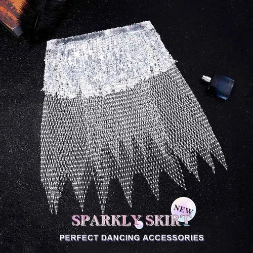 Vista 6 de Nicute Falda de lentejuelas con flecos, falda de danza del vientre, falda de malla brillante para festivales rave, disfraz para mujeres y niñas