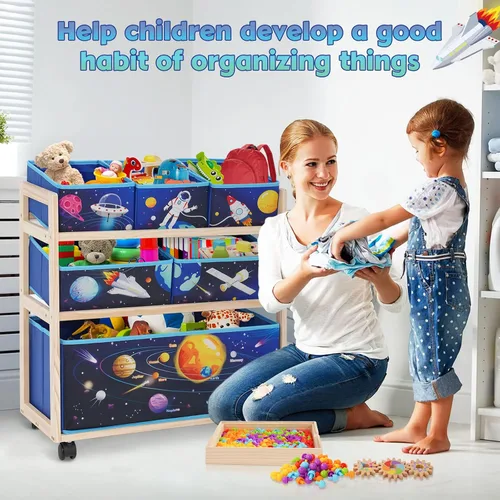 Vista 6 de Jomifin Organizador de almacenamiento de juguetes para niños con ruedas, carrito rodante con 6 contenedores de almacenamiento extraíbles para Azul