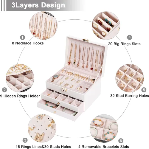 Vista 2 de Mohoeey Joyero para mujeres y niñas, organizador de joyas grande de piel sintética con 2 cajones para regalos de Navidad y Año Nuevo, color blanco