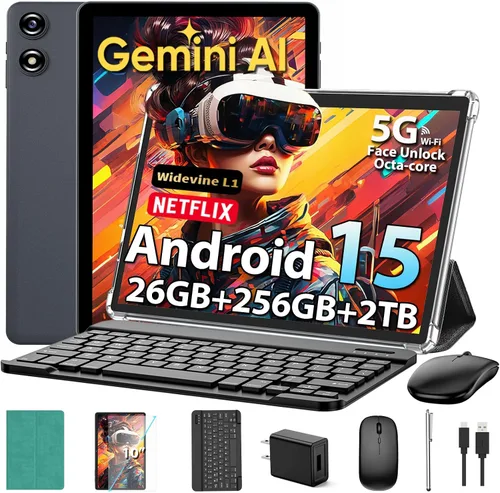 Vista 11 de 2026 Tablet de 10 pulgadas, tableta Android 15 con teclado, 26GB+256GB+2TB Negro