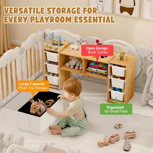 Vista 4 de MallBest Estantería Montessori para Niños - 100% Madera de Pino Maciza con 6 Cajones Plásticos Extraíbles, Organizador de Almacenamiento de Juguetes