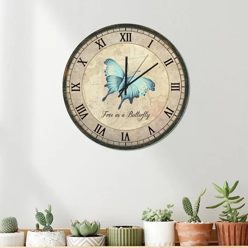 Vista 3 de Free As A Butterfly - Reloj de pared de madera con pósteres de mariposa, relojes de pared redondos de madera, funciona con pilas, silencioso de 15