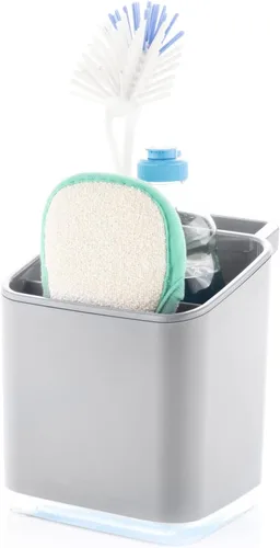 Vista 2 de Minky Homecare Organizador de esponja para fregadero con bandeja extraíble, riel para paños y boquilla de drenaje, organizador de huellas pequeñas