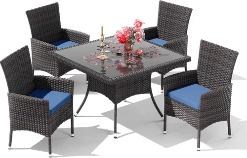 Vista 7 de Juego de 10 piezas de comedor para patio al aire libre, mesa de patio y sillas de ratán con agujero para paraguas, juego de mesa de comedor para 8
