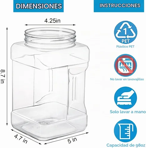 Vista 2 de Lawei Paquete de 3 tarros cuadrados de plástico transparente, recipientes de almacenamiento de boca ancha de 98 onzas con tapas de rosca, tarros