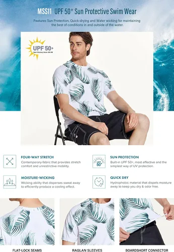 Vista 5 de TSLA Camisetas de protección para de natación para hombre. Camiseta FPU 50+, de manga corta, ajuste holgado. Camisetas Dry-Fit frescas contra