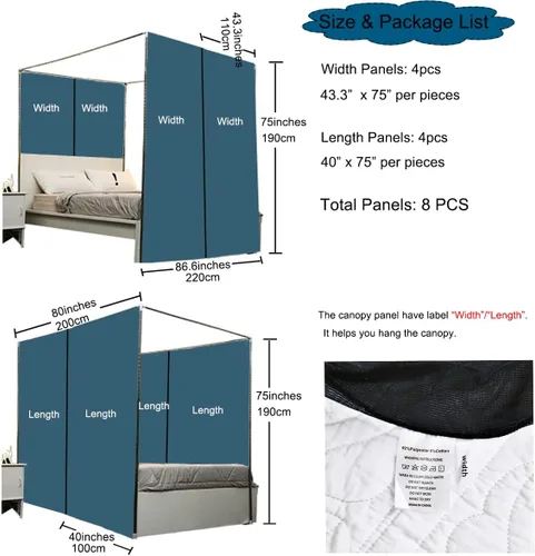 Vista 6 de Akiky Cortinas de Cama con Dosel con Luces de 4 Postes Esquineros para Adultos y Niñas, Cortinas de Cama con Red de Arcoíris - 8 Paneles