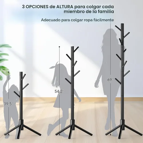 Vista 3 de Perchero de madera independiente con 8 ganchos, fácil montaje, perchero de pino de Nueva Zelanda, 3 tamaños ajustables para ropa, sombreros, bolsas