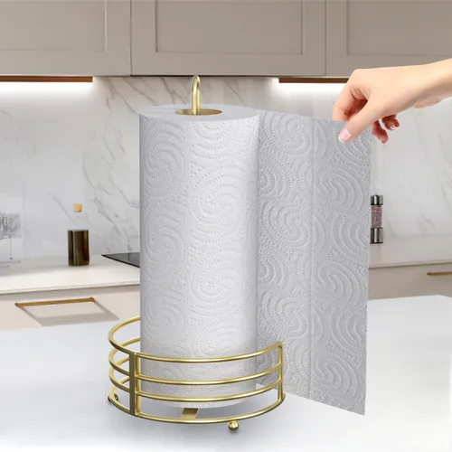 Vista 6 de Buruis Toallero de papel dorado brillante para encimera de cocina, desgarro con una mano con base de 8 pulgadas de ancho, 13 pulgadas de altura
