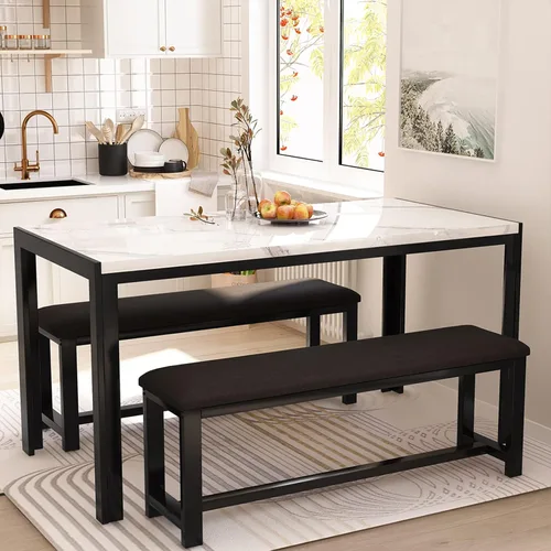 Vista 10 de Juego de mesa de comedor con 2 bancos, juego de mesa de comedor de estilo granja para 4-6 personas, juego de mesa de desayuno de madera, juego