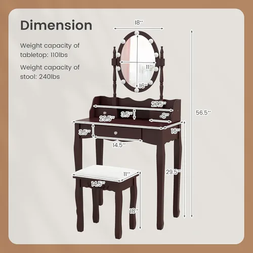 Vista 4 de Byroce - Juego de tocador con taburete acolchado, mesa de maquillaje con espejo ovalado iluminado giratorio de 360°, 3 cajones, 10 luces LED