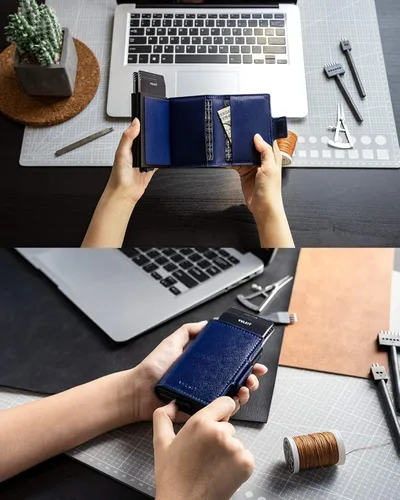 Vista 4 de VULKIT Tarjetero de crédito con bloqueo RFID de cuero automático billetera desplegable delgada con clip para dinero funda doble para tarjetas