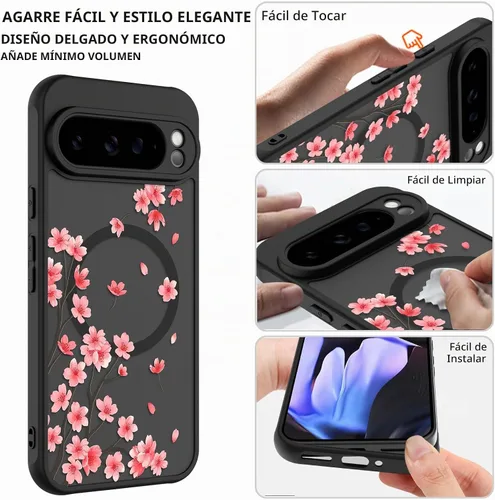 Vista 4 de ZIYE Funda magnética para Google Pixel 9 Pro XL de 6.8 pulgadas [compatible con MagSafe] funda de policarbonato duro y TPU suave con flor de cerezo