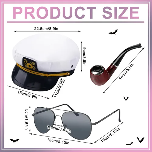 Vista 2 de Mepase Juego de 8 accesorios de disfraz de capitán de yate con lentes de sol, disfraz de conejo de pipa falsa, collar de orejas de conejo, corbatín