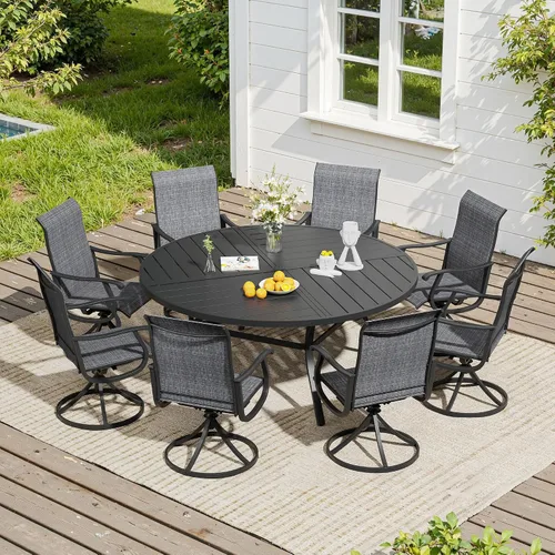 Vista 55 de VICLLAX Muebles pequeños de exterior de 3 piezas, 2 sillas giratorias de patio y mesa redonda pequeña para 2, sillas de carbón oscuro y negro