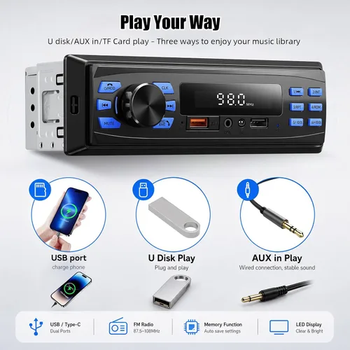 Vista 4 de SIXWIN Estéreo de coche de un solo DIN con Bluetooth 5.1 manos libres para llamar al coche, radio FM, reproductor de MP3, puerto USB dual AUX