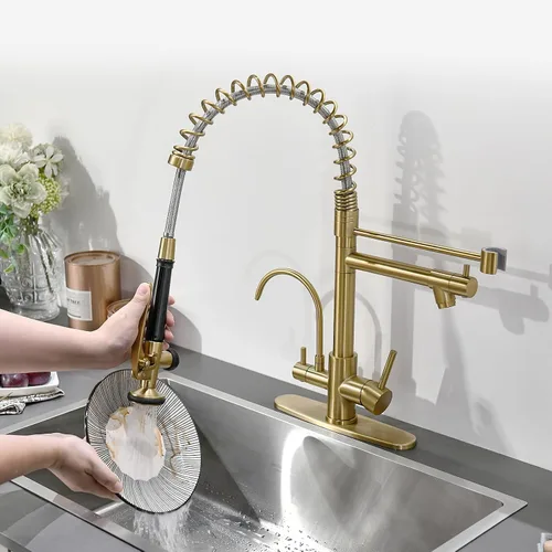 Vista 5 de Fapully Grifo de cocina comercial de oro cepillado con rociador desplegable