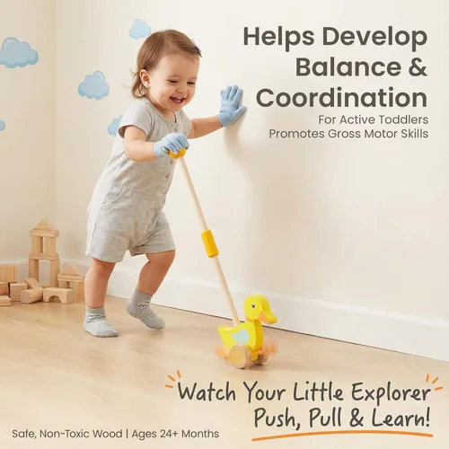 Vista 10 de WOODENFUN Juguetes de empuje de madera para niños pequeños, bebé tire a lo Montessori - Juguete de desarrollo temprano para niñas de 1 año, regalo