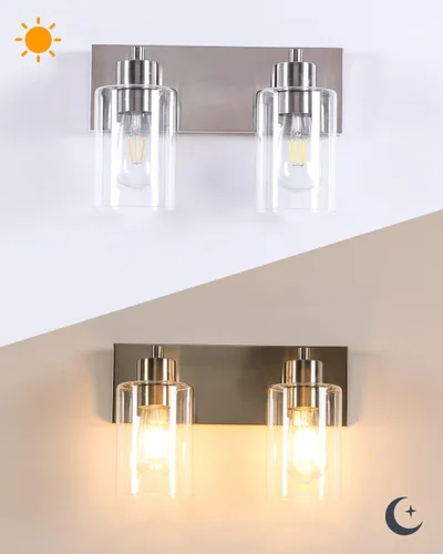 Vista 8 de Lámparas de baño, lámpara de tocador de 2 luces de níquel cepillado, apliques de pared modernos con pantalla de vidrio transparente para pasillo