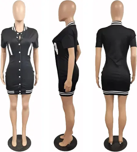 Vista 6 de Vestido casual de béisbol deportivo para mujer vestido de manga corta a presión con botones ajustado mini vestidos cortos para calle