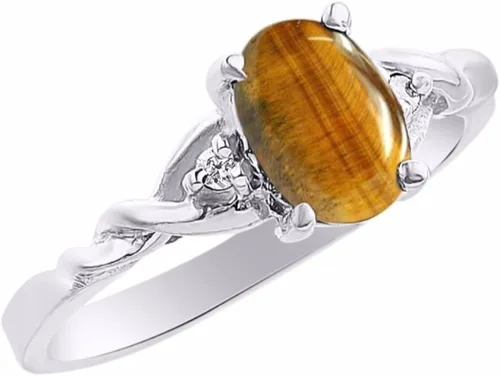 Vista 2 de Juego de ojo de tigre anillo de diamante en oro blanco de 14K Solitario