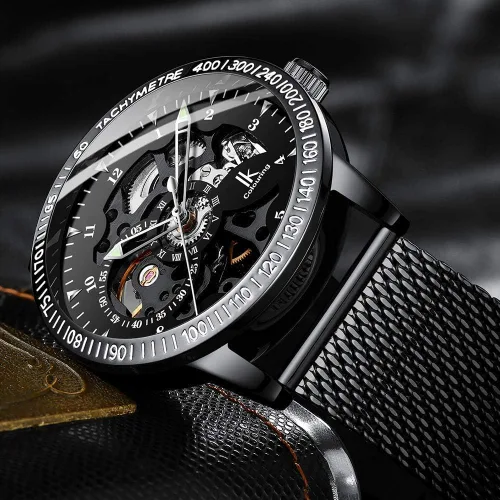 Vista 6 de Reloj mecánico automático de acero inoxidable de lujo Sapphire Fecha impermeable Fase lunar Reloj (negro), Mecánico