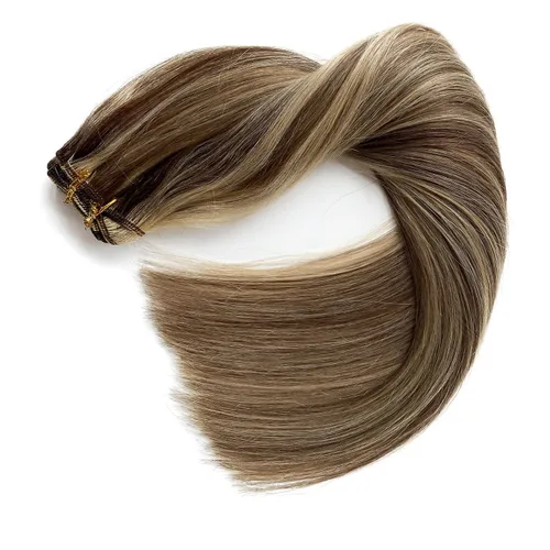 Vista 8 de Extensiones de cabello humano real, balayage, color castaño ceniza a rubio miel, extensiones de cabello humano con reflejos, 14 pulgadas, 2.82 oz
