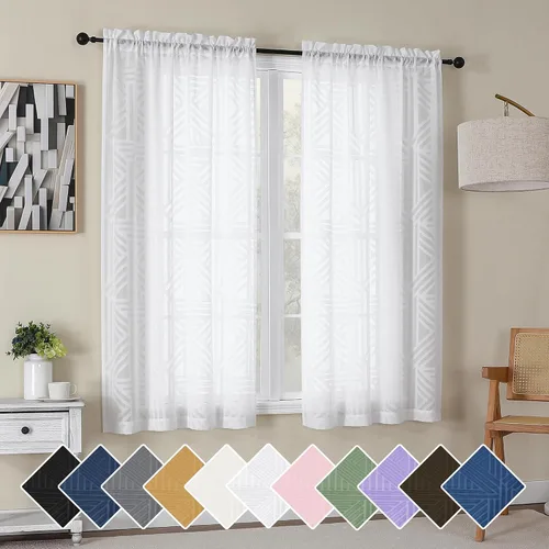 Vista 68 de Simplebrand Cortinas traslúcidas negras de cocina de 24 pulgadas de largo, 2 paneles, filtrado de luz, geométrico jacquard con textura, cortinas