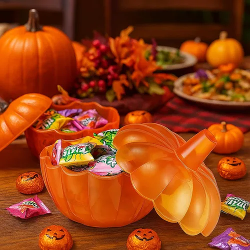 Vista 4 de Tanlade 4 tarros de calabaza de cristal de Acción de Gracias de 10 onzas con tapa, recipientes decorativos de calabaza para galletas de calabaza
