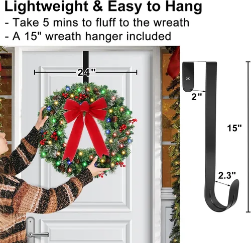 Vista 7 de Corona de Navidad Prelit de 24 pulgadas con Colgador para Puerta Delantera, Decoraciones de Navidad, 8 Modos de Luz, Impermeable, Funciona