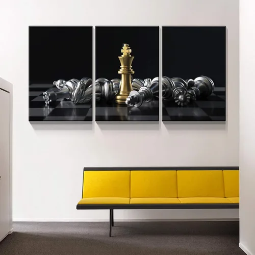 Vista 6 de Denozer - 3 paneles de arte de pared en lienzo blanco y negro - Cuadro de ajedrez internacional sobre lienzo con marco de madera maciza para sala