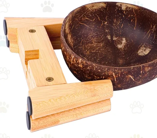 Vista 6 de Cuenco para perros para gatos y perros pequeños, totalmente natural, cuenco de cáscara de coco pulido con soporte de madera, altura total