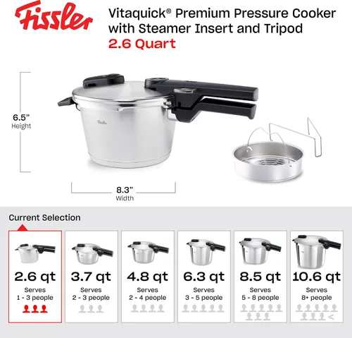 Vista 2 de Fissler Vitaquick - Olla a presión premium, 2.6 cuartos de galón con inserto de vapor y trípode