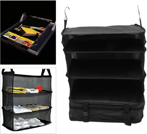Vista 4 de Bolsa de viaje colgante, organizador de armario portátil, espacio grande, 3 capas de malla, 1 bolsillo con cremallera, tela de lona plegable