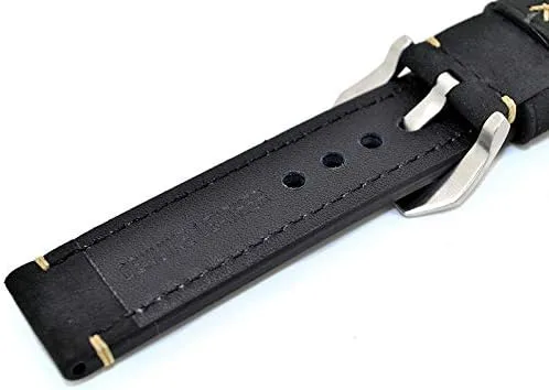 Vista 3 de Correa de reloj de pulsera de cuero genuino negro de 0.866in con hebilla de acero inoxidable para hombre
