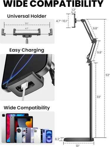 Vista 5 de Soporte de piso para tableta, soporte de metal giratorio de 360 grados, soporte para iPad de altura y ángulo ajustables, soporte universal