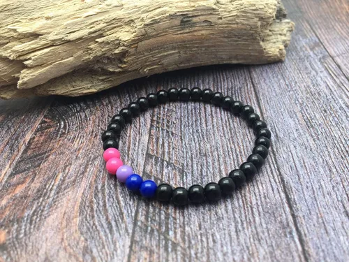 Vista 2 de Bisexual Bead Bracelet, Pink Lavender Blue and Black Acrylic Beads, LGB LGBT LGBTQIA+ Pride Awareness : Size S/M 7 inches, Bi Gay Flag