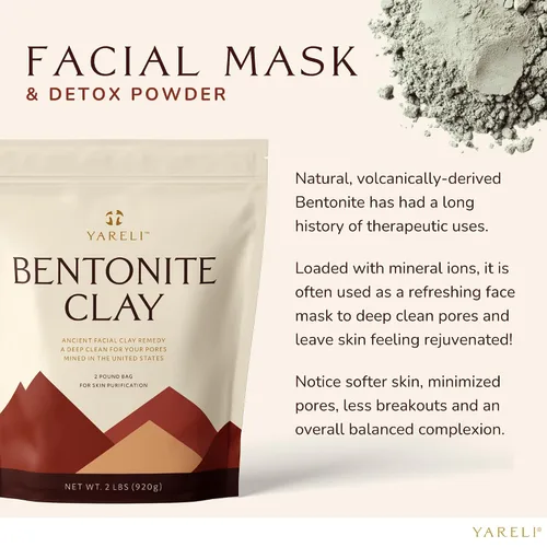 Vista 3 de YARELI Máscara facial en polvo de arcilla de bentonita y baño de limpieza, arcilla curativa india pura, 2 libras (32 onzas)
