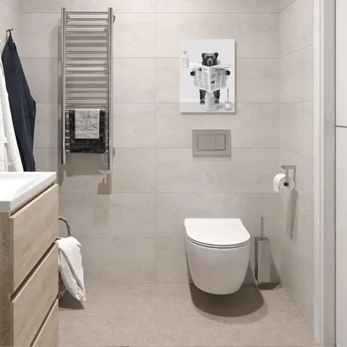 Vista 5 de Decoración de Arte de Pared en Blanco y Negro – Oso con Gafas Sentado en el Inodoro Leyendo Periódico, Impresiones en Lienzo, Imágenes de Animales