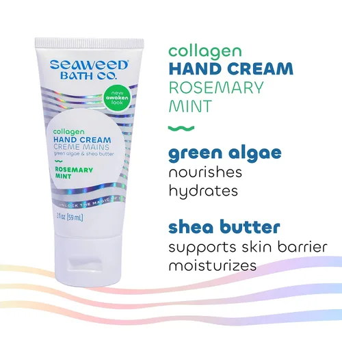 Vista 5 de Seaweed Bath Co. Crema de manos con colágeno, aroma a romero y menta, 2 onzas, algas cosechadas de forma sostenible, algas verdes, manteca de karité