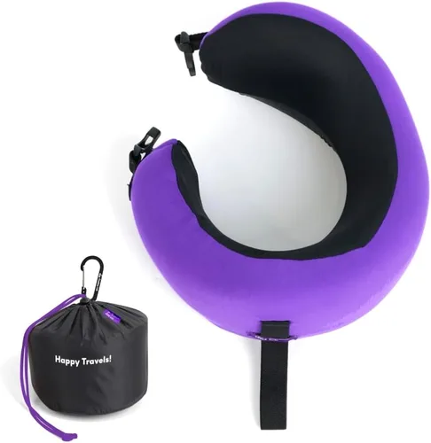 Vista 16 de C CUSHION LAB Almohada de viaje, galardonado diseño ergonómico patentado para mentón y cuello, almohada de espuma viscoelástica para el cuello Azul