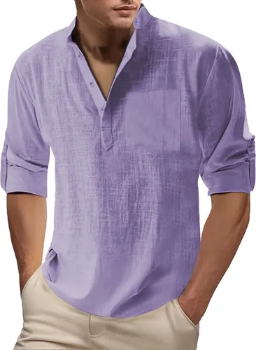 Vista 14 de Camisa de lino para hombre, manga larga, Henley, casual, verano, grande, alta, algodón, ligera, para negocios, trabajo, vacaciones, crucero