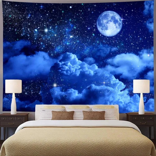 Vista 2 de Aidatain Tapiz de luna azul cielo nocturno nube creciente tapiz grande de 80 pulgadas 60 pulgadas 60 pulgadas de tela de franela temática de luz